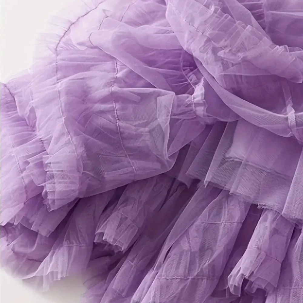 Lilac Chiffon Mesh Sheer Ruffled Layered Maxi Skirt (One size) - Picture 4 of 5